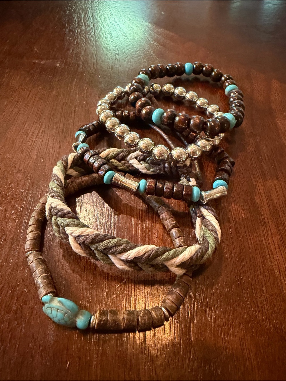 Turquoise Accent Stackable Beaded and Braided Women's Bracelet Set - Picture 2 of 2